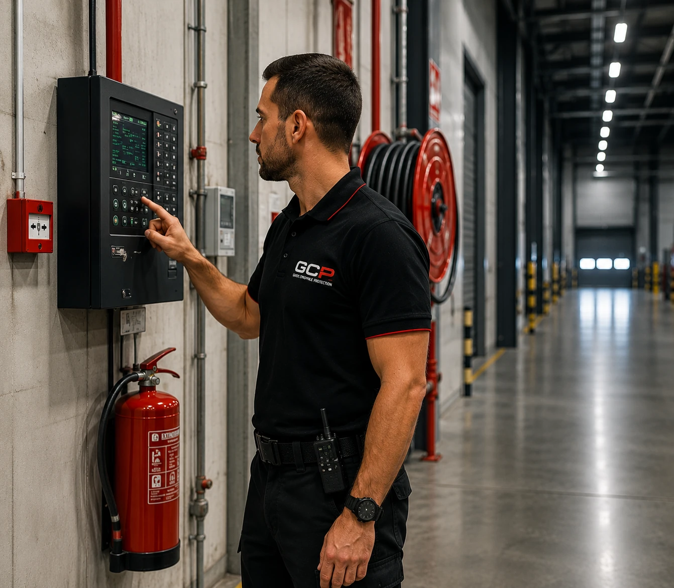 Agent SSIAP GCP effectuant une ronde de sécurité incendie