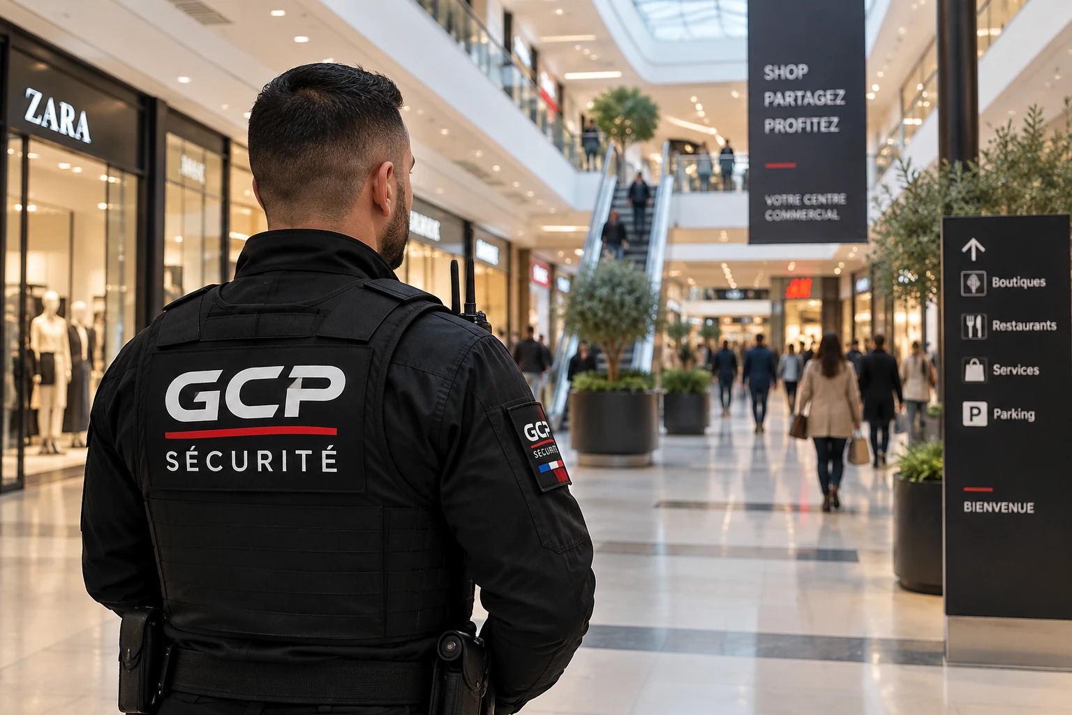 Agent de sécurité assurant la surveillance d'un centre commercial